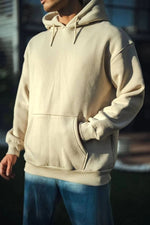 Erkek 3 İplik Pamuklu Kapüşonlu Basic SweatShirt Hoodie - Bej