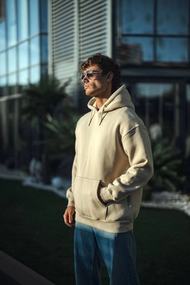 Erkek 3 İplik Pamuklu Kapüşonlu Basic SweatShirt Hoodie - Bej