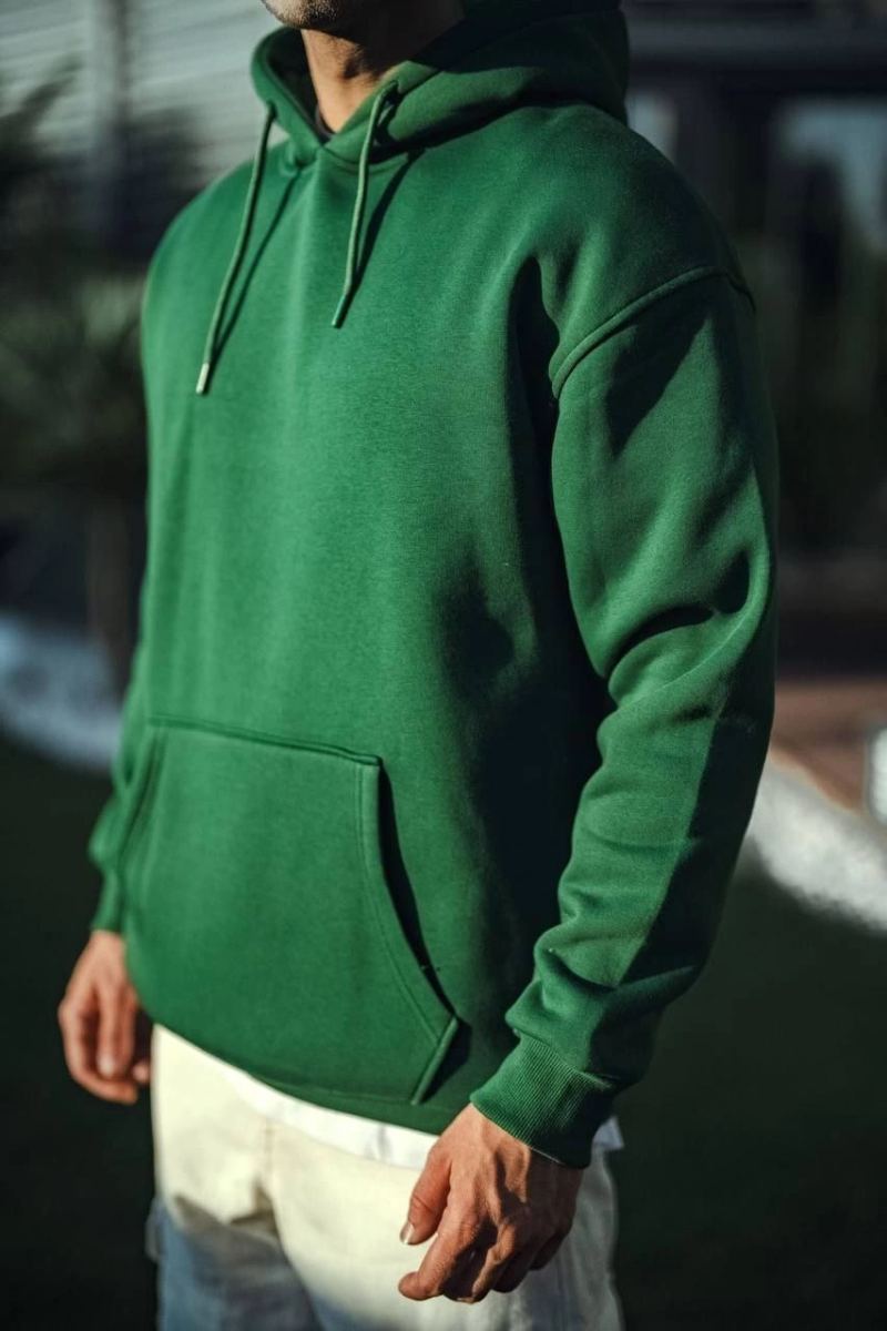 Erkek 3 İplik Pamuklu Kapüşonlu Basic SweatShirt Hoodie - Haki