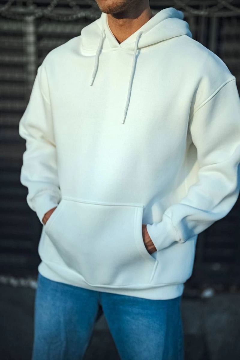 Erkek 3 İplik Pamuklu Kapüşonlu Basic SweatShirt Hoodie - Beyaz