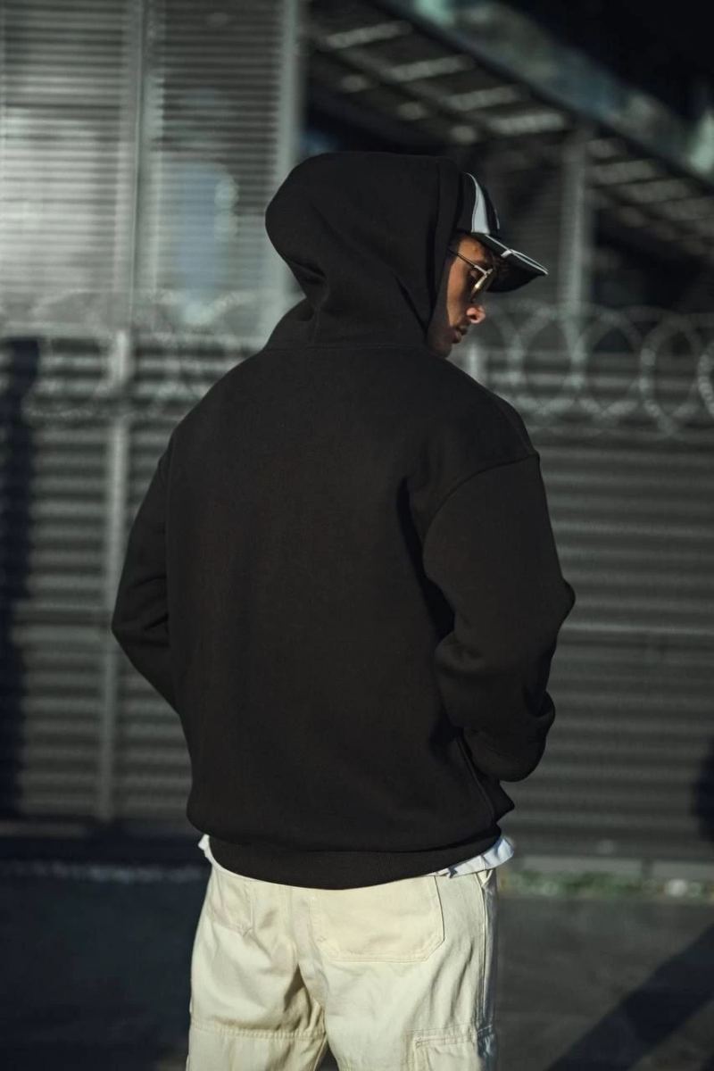Erkek 3 İplik Pamuklu Kapüşonlu Basic SweatShirt Hoodie - Siyah