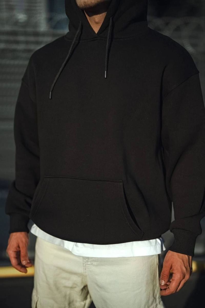 Erkek 3 İplik Pamuklu Kapüşonlu Basic SweatShirt Hoodie - Siyah