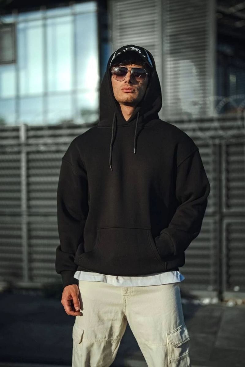 Erkek 3 İplik Pamuklu Kapüşonlu Basic SweatShirt Hoodie - Siyah