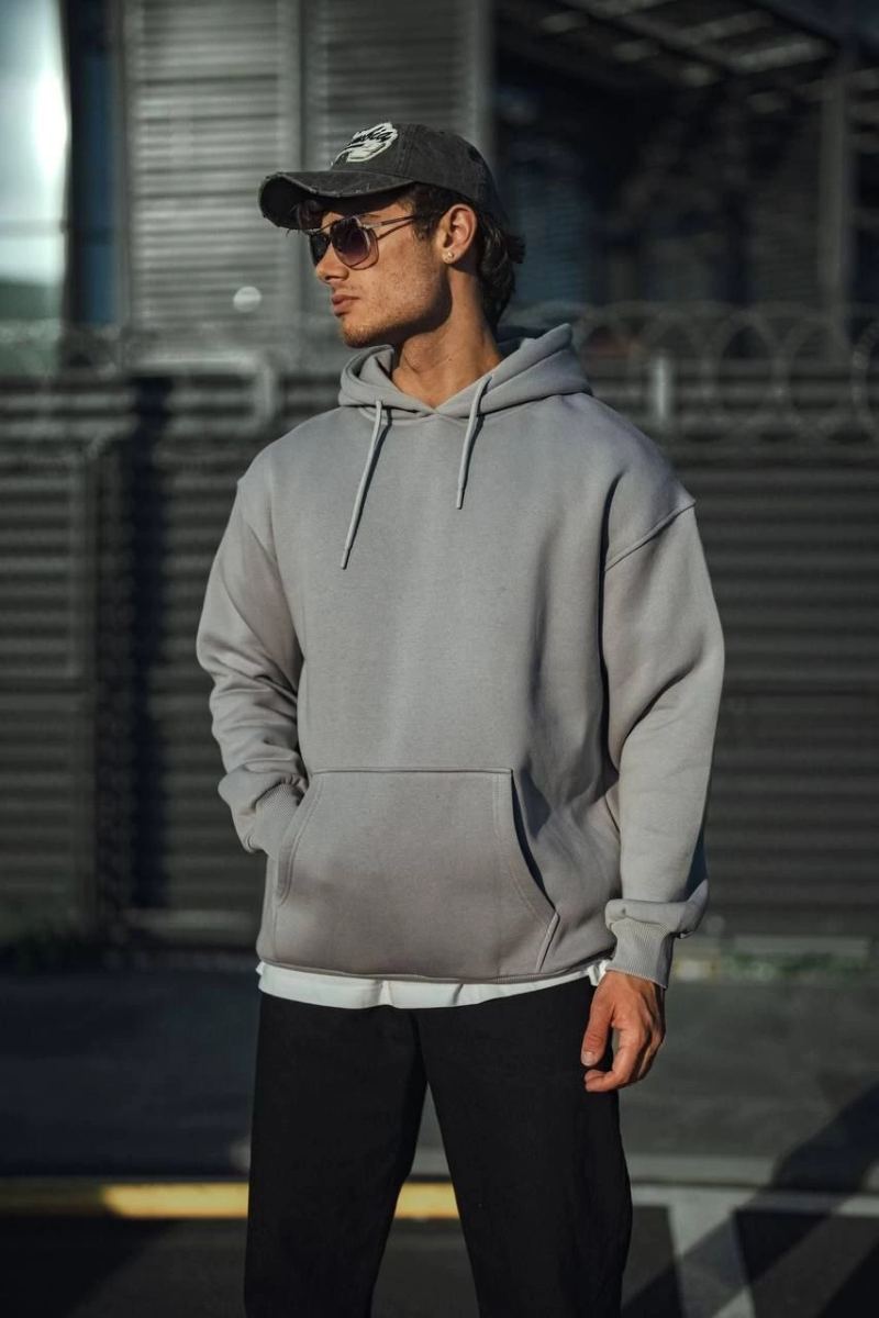 Erkek 3 İplik Penye Kapüşonlu Basic SweatShirt Hoodie - Boyalı Gri