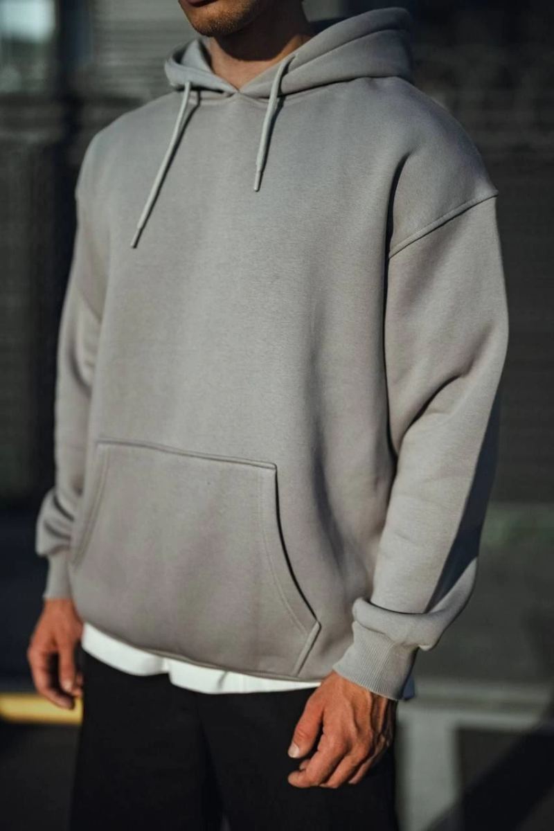 Erkek 3 İplik Penye Kapüşonlu Basic SweatShirt Hoodie - Boyalı Gri