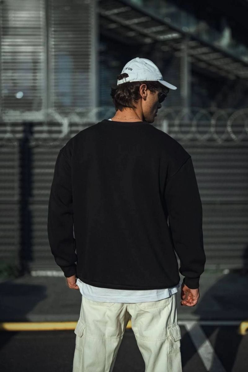 Erkek pamuklu Bisiklet Yaka 3 İplik Basic SweatShirt - Siyah