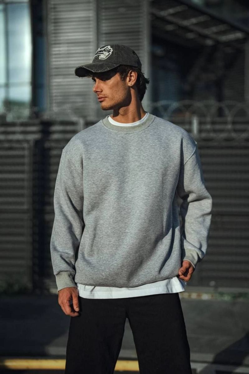 Erkek Kışlık Bisiklet Yaka 3 İplik Basic SweatShirt - Gri