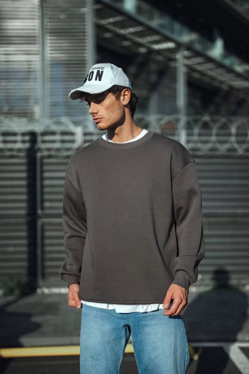 Erkek Bisiklet Yaka 3 iplik Pamuklu Basic SweatShirt  - Antrasit