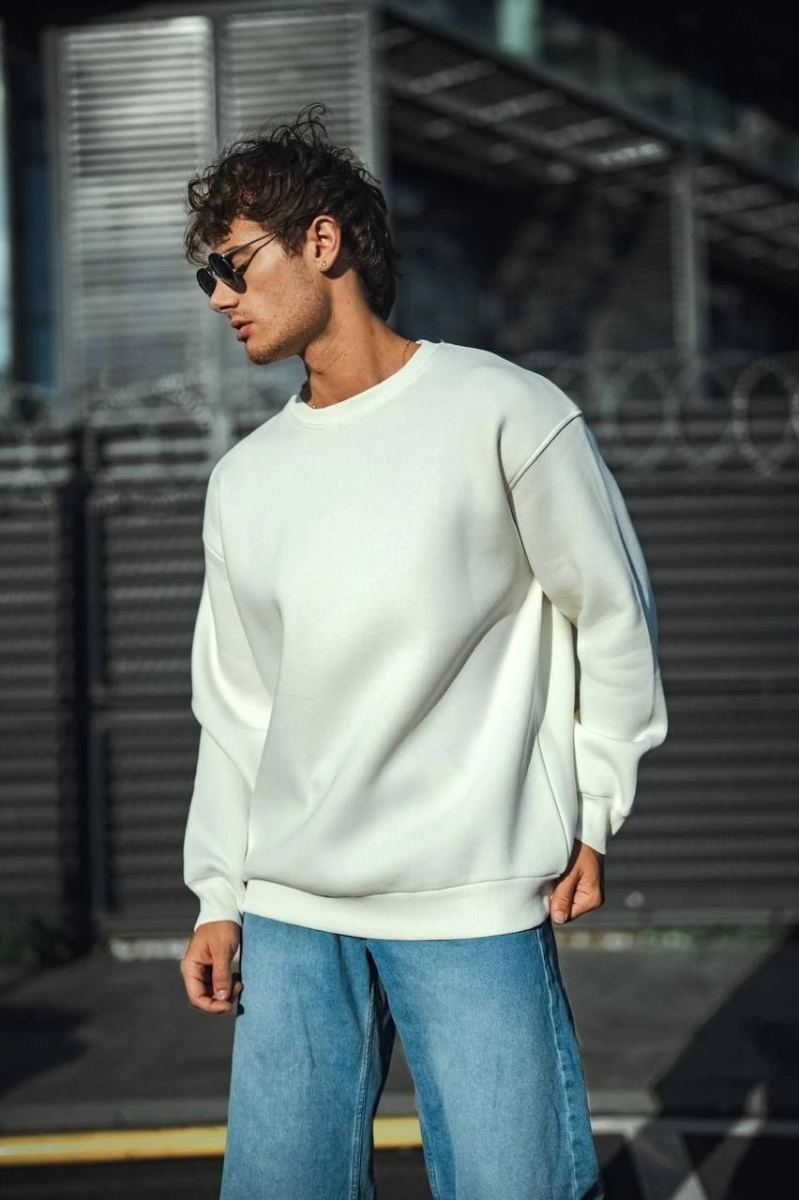 Erkek  Bisiklet Yaka 3 İplik Pamuklu Basic SweatShirt - Beyaz