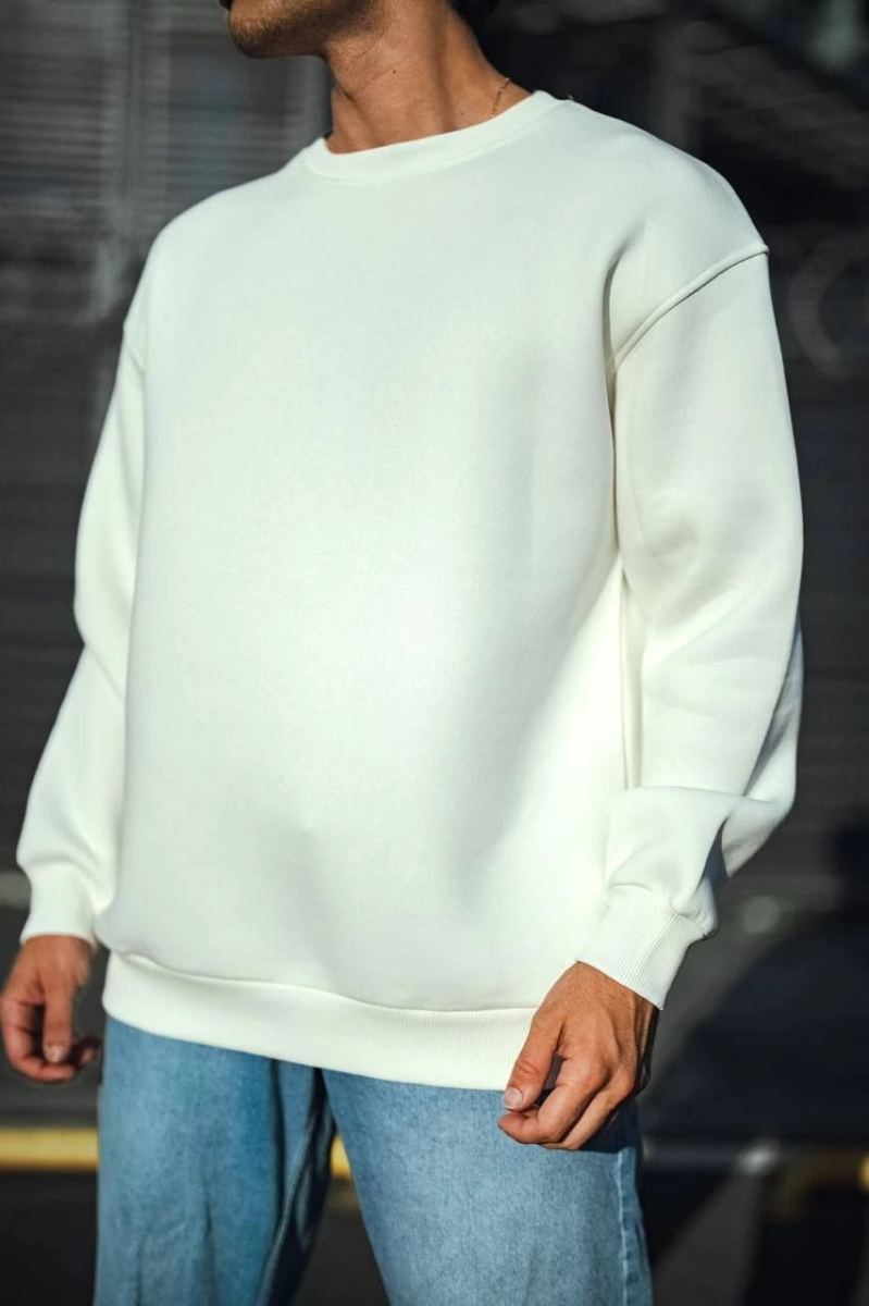 Erkek  Bisiklet Yaka 3 İplik Pamuklu Basic SweatShirt - Beyaz