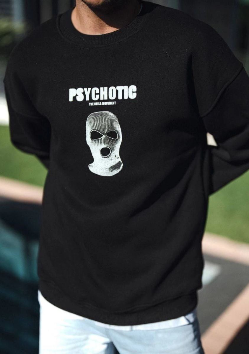 Erkek 3 iplik pamuklu Kışlık Bisiklet Yaka Baskılı SweatShirt - Siyah