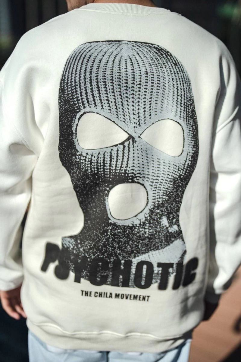 Erkek 3 iplik pamuklu Kışlık Bisiklet Yaka Baskılı SweatShirt - Beyaz