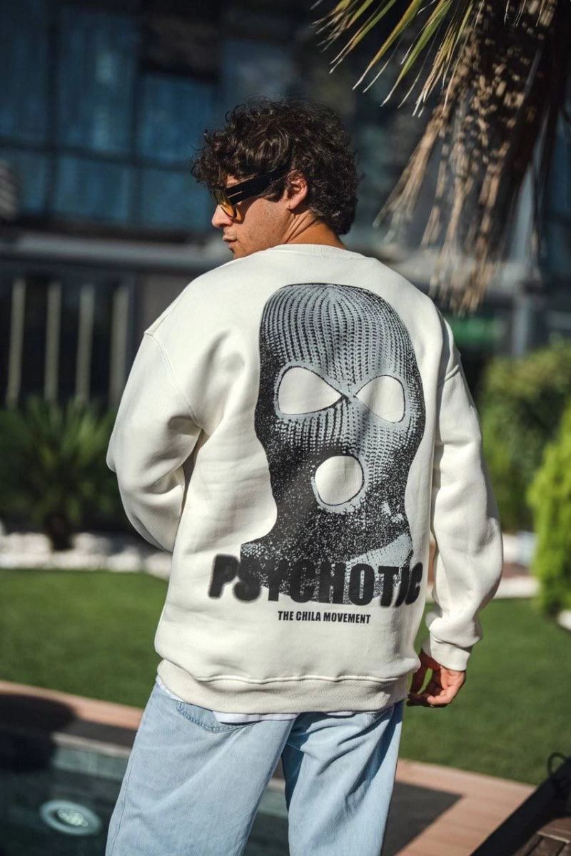 Erkek 3 iplik pamuklu Kışlık Bisiklet Yaka Baskılı SweatShirt - Beyaz