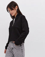 Kadın 3 İplik Pamuklu Oversize Yarım Fermuarlı Yakalı Basic Sweatshirt - Siyah