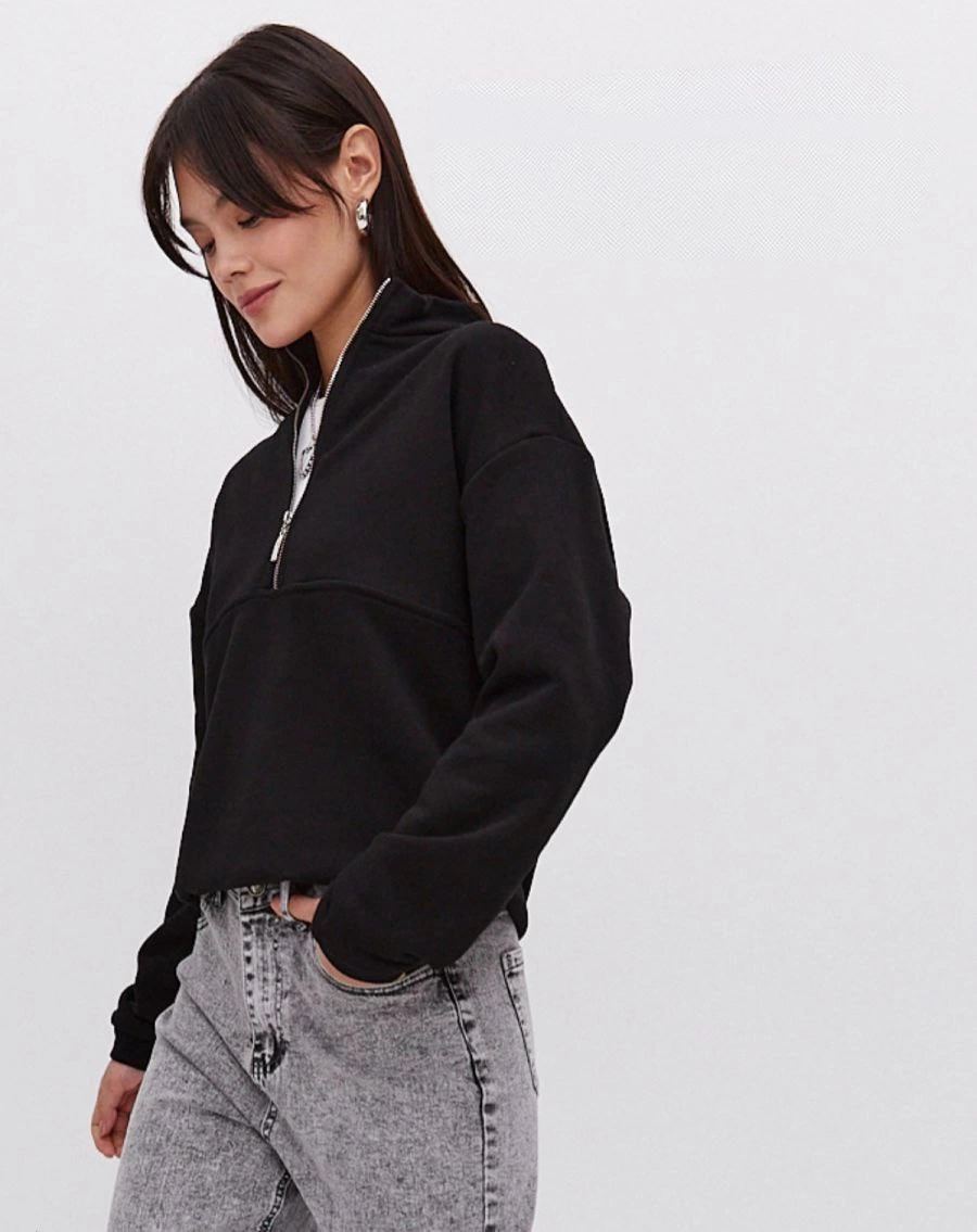 Kadın 3 İplik Pamuklu Oversize Yarım Fermuarlı Yakalı Basic Sweatshirt - Siyah