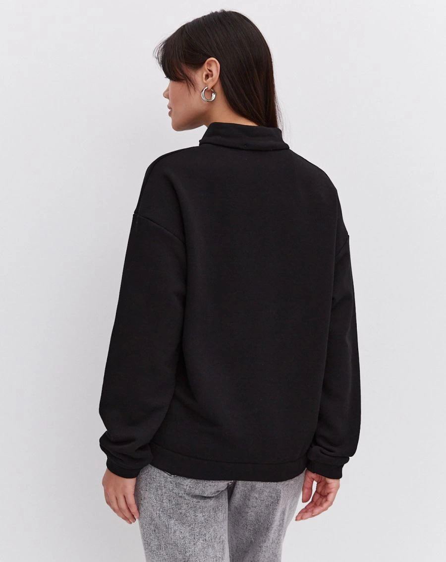 Kadın 3 İplik Pamuklu Oversize Yarım Fermuarlı Yakalı Basic Sweatshirt - Siyah