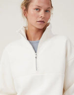 Kadın 3 İplik Pamuklu Oversize Yarım Fermuarlı Yakalı Basic Sweatshirt - Beyaz