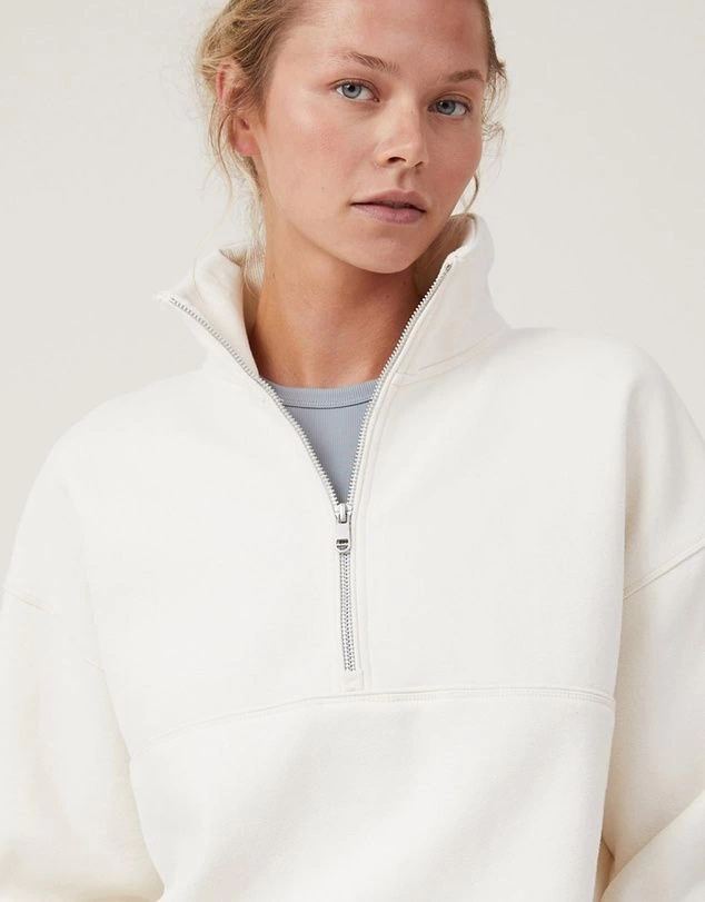 Kadın 3 İplik Pamuklu Oversize Yarım Fermuarlı Yakalı Basic Sweatshirt - Beyaz