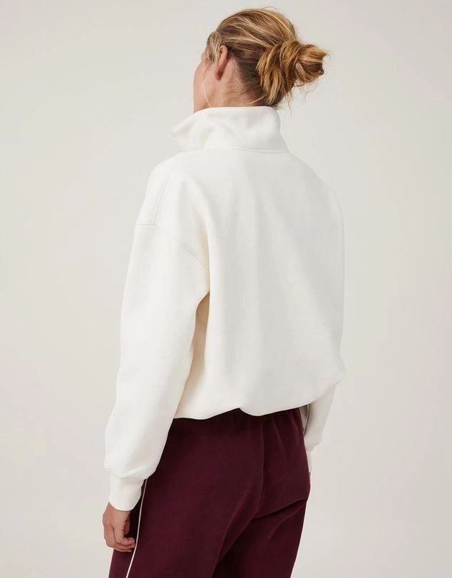 Kadın 3 İplik Pamuklu Oversize Yarım Fermuarlı Yakalı Basic Sweatshirt - Beyaz
