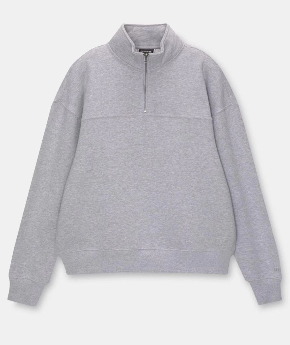 Kadın 3 İplik Pamuklu Oversize Yarım Fermuarlı Yakalı Basic Sweatshirt - Gri