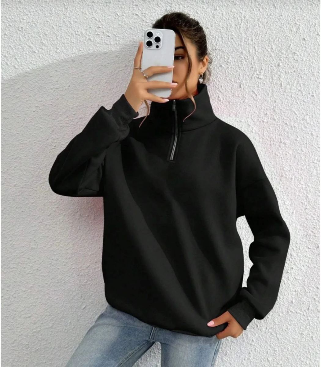 Kadın 3 iplik Pamuklu Uzun Kol Yarım Farmuarlı Yakalı SweatShirt - Siyah