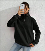 Kadın 3 iplik Pamuklu Uzun Kol Yarım Farmuarlı Yakalı SweatShirt - Siyah