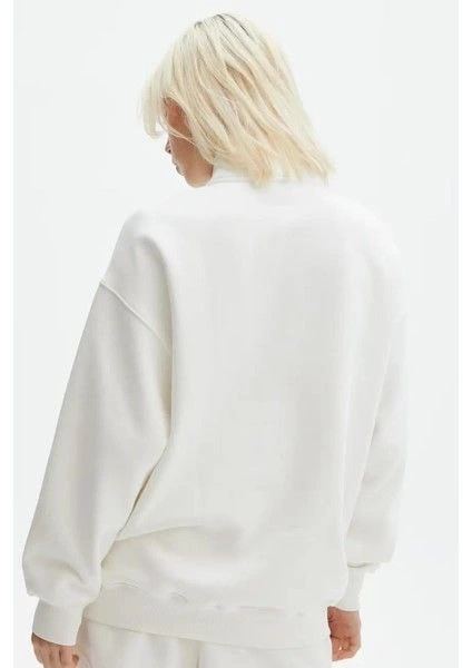 Kadın 3 İplik Pamuklu Oversize Yarım Fermuarlı Yakalı Basic Sweatshirt - Beyaz