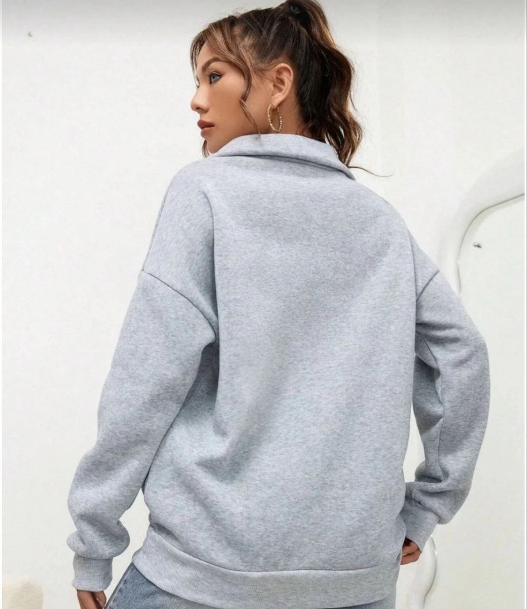 Kadın 3 iplik Pamuklu Uzun Kol Yarım Farmuarlı Yakalı  SweatShirt - Gri
