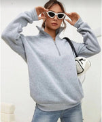 Kadın 3 iplik Pamuklu Uzun Kol Yarım Farmuarlı Yakalı  SweatShirt - Gri