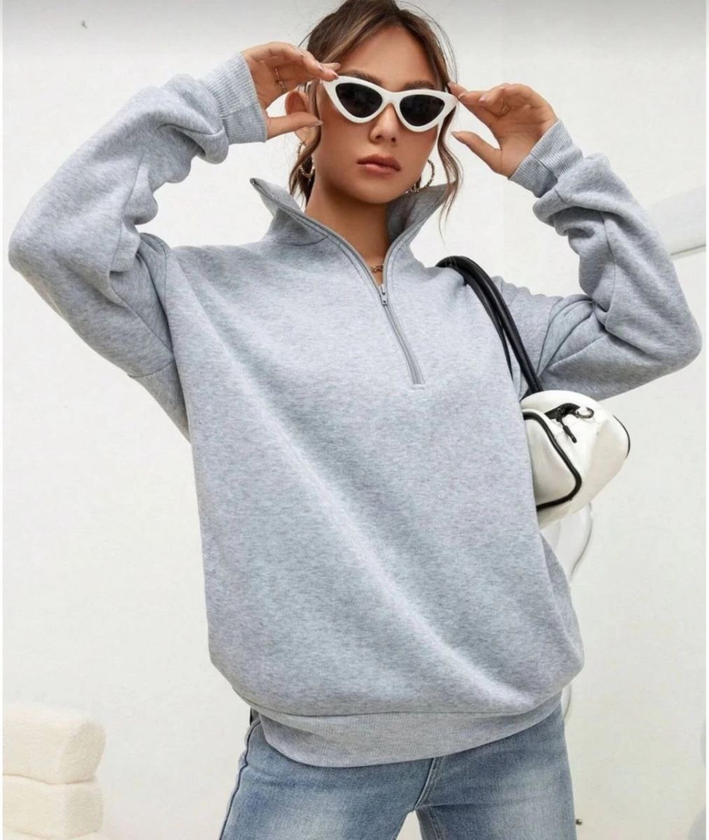 Kadın 3 iplik Pamuklu Uzun Kol Yarım Farmuarlı Yakalı  SweatShirt - Gri