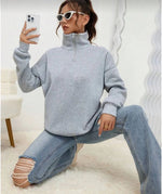 Kadın 3 iplik Pamuklu Uzun Kol Yarım Farmuarlı Yakalı  SweatShirt - Gri