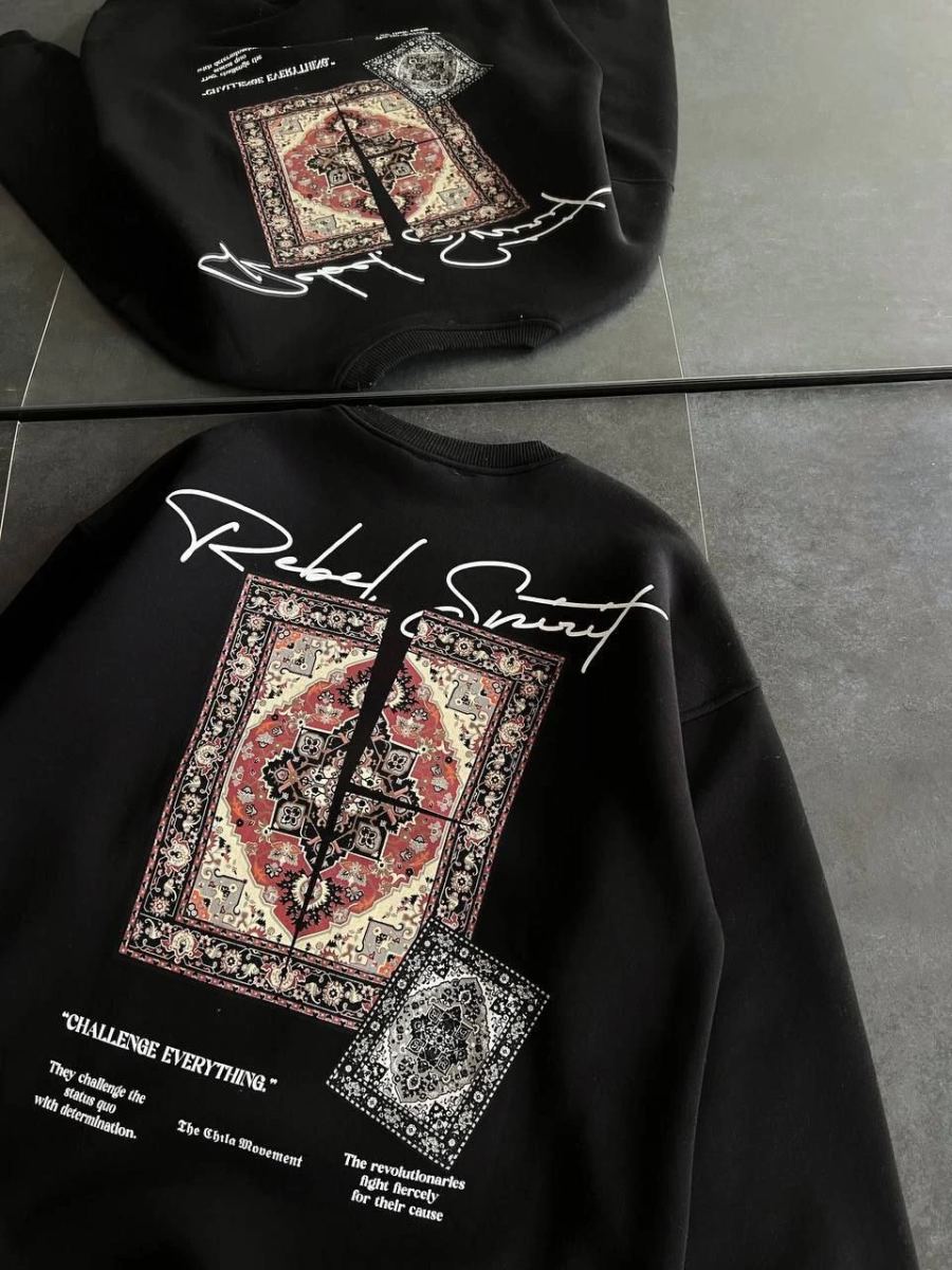 Kadın Bisiklet Yaka Kilim Halı Baskılı 3 İplik Pamuklu Sweatshirt - Siyah