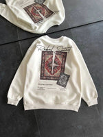 Kadın Bisiklet Yaka Kilim Halı Baskılı 3 İplik Pamuklu Sweatshirt - Beyaz