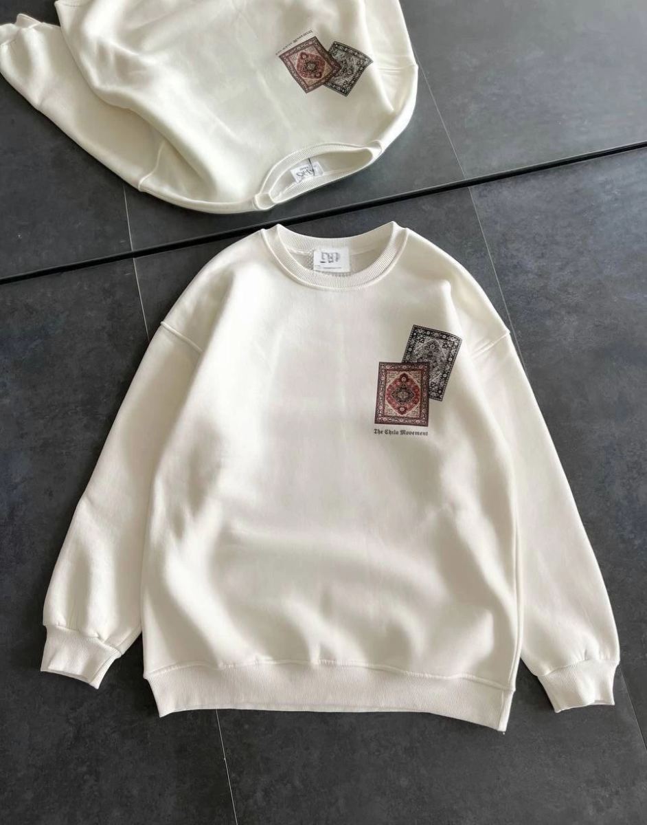 Kadın Bisiklet Yaka Kilim Halı Baskılı 3 İplik Pamuklu Sweatshirt - Beyaz