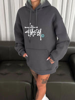 Kadın Oversize Kapüşonlu Cepli Baskılı 3 İplik Pamuklu Hoodie Sweatshirt - Füme
