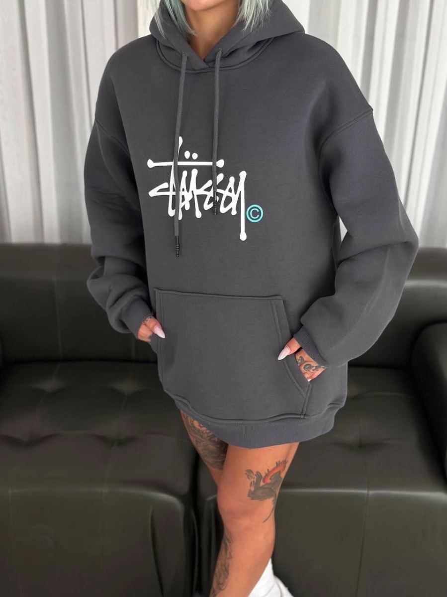 Kadın Oversize Kapüşonlu Cepli Baskılı 3 İplik Pamuklu Hoodie Sweatshirt - Füme