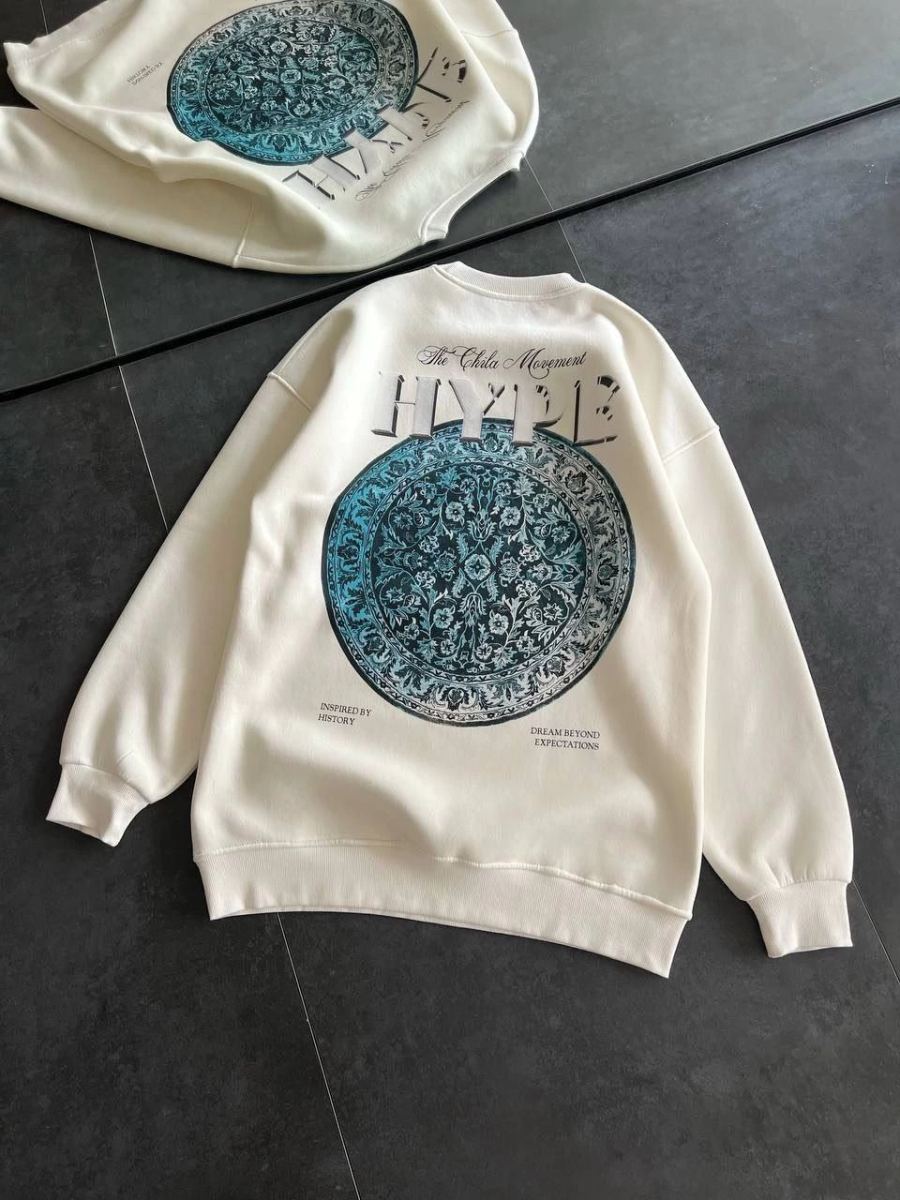 Kadın 3 İplik Pamuklu Bisiklet Yaka Baskılı SweatShirt - Beyaz