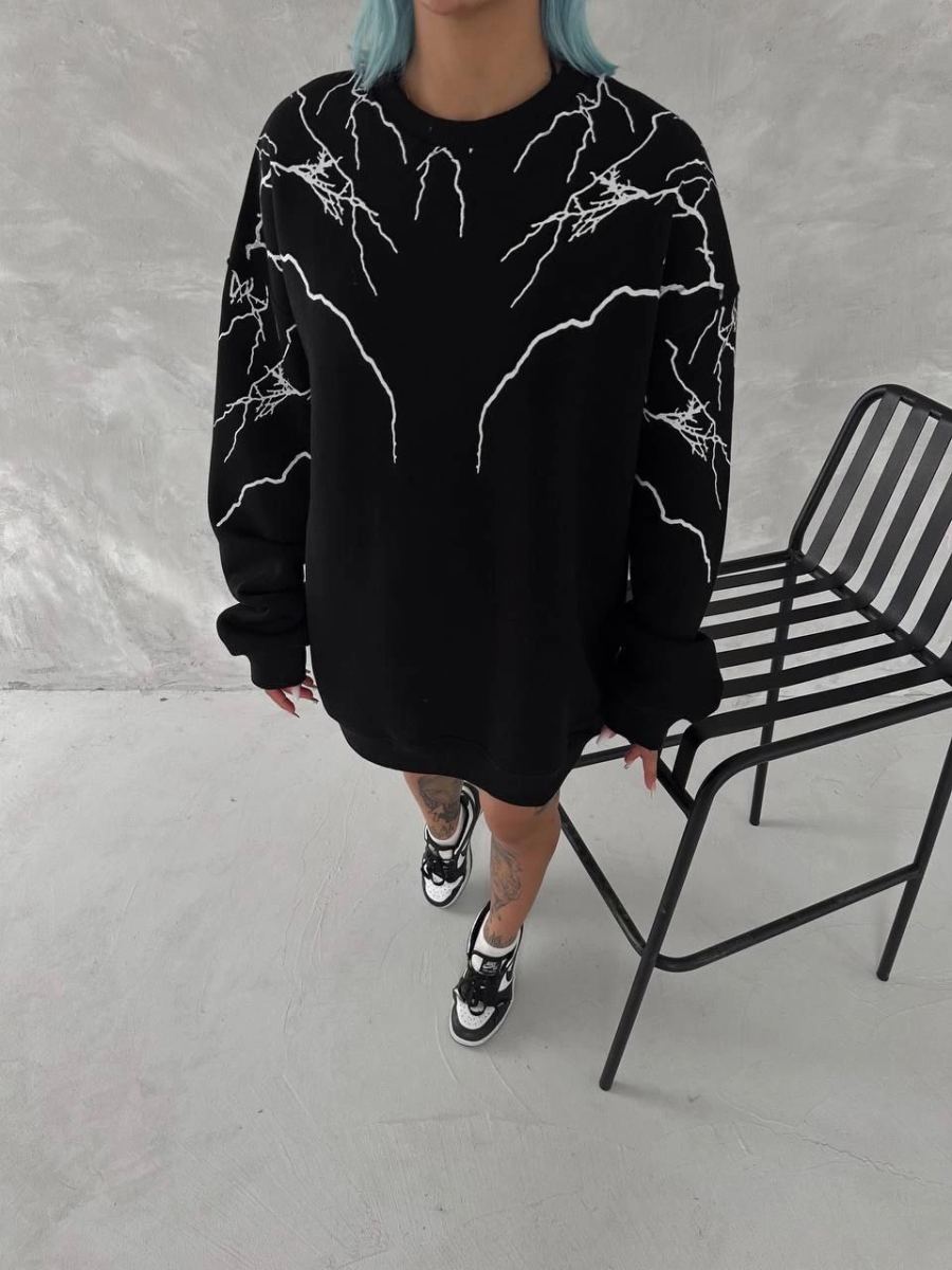 Kadın Yıldırım Baskılı Bisiklet Yaka 3 iplik pamuklu SweatShirt - Siyah