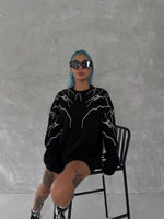 Kadın Yıldırım Baskılı Bisiklet Yaka 3 iplik pamuklu SweatShirt - Siyah