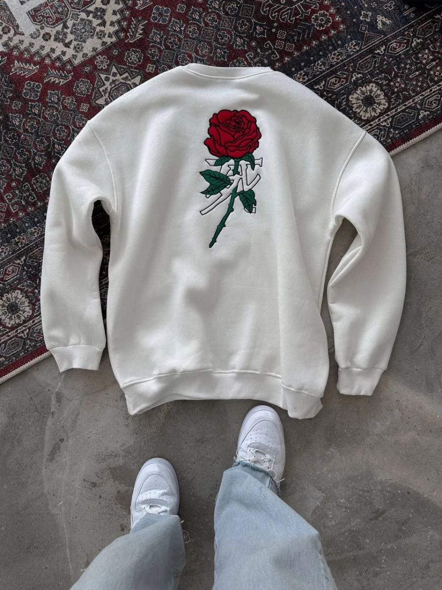 Kadın 3 iplik Pamuklu Bisiklet Yaka GÜL Baskılı SweatShirt - BeyazBeyaz