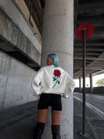 Kadın 3 iplik Pamuklu Bisiklet Yaka GÜL Baskılı SweatShirt - BeyazBeyaz
