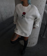 Kadın 3 iplik Pamuklu Bisiklet Yaka GÜL Baskılı SweatShirt - BeyazBeyaz