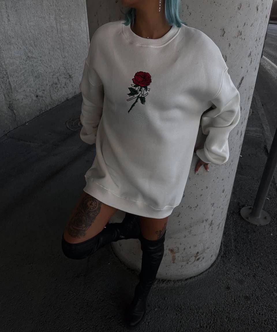 Kadın 3 iplik Pamuklu Bisiklet Yaka GÜL Baskılı SweatShirt - BeyazBeyaz