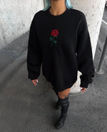 Kadın Oversize Kapüşonlu Cepli GÜL Baskılı 3 İplik Pamuklu Hoodie Sweatshirt - Siyah