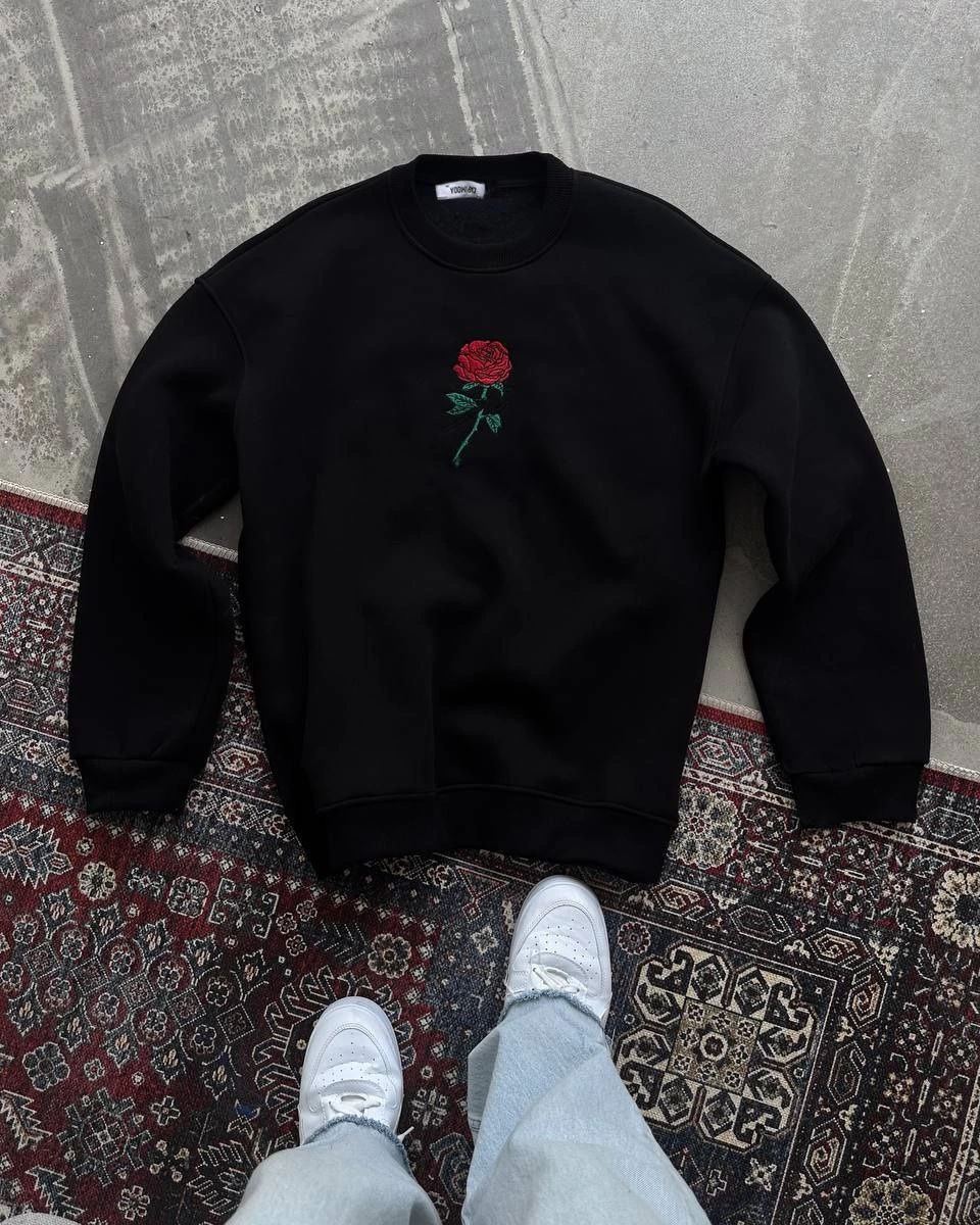 Kadın Oversize Kapüşonlu Cepli GÜL Baskılı 3 İplik Pamuklu Hoodie Sweatshirt - Siyah