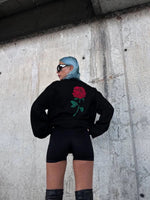 Kadın Oversize Kapüşonlu Cepli GÜL Baskılı 3 İplik Pamuklu Hoodie Sweatshirt - Siyah