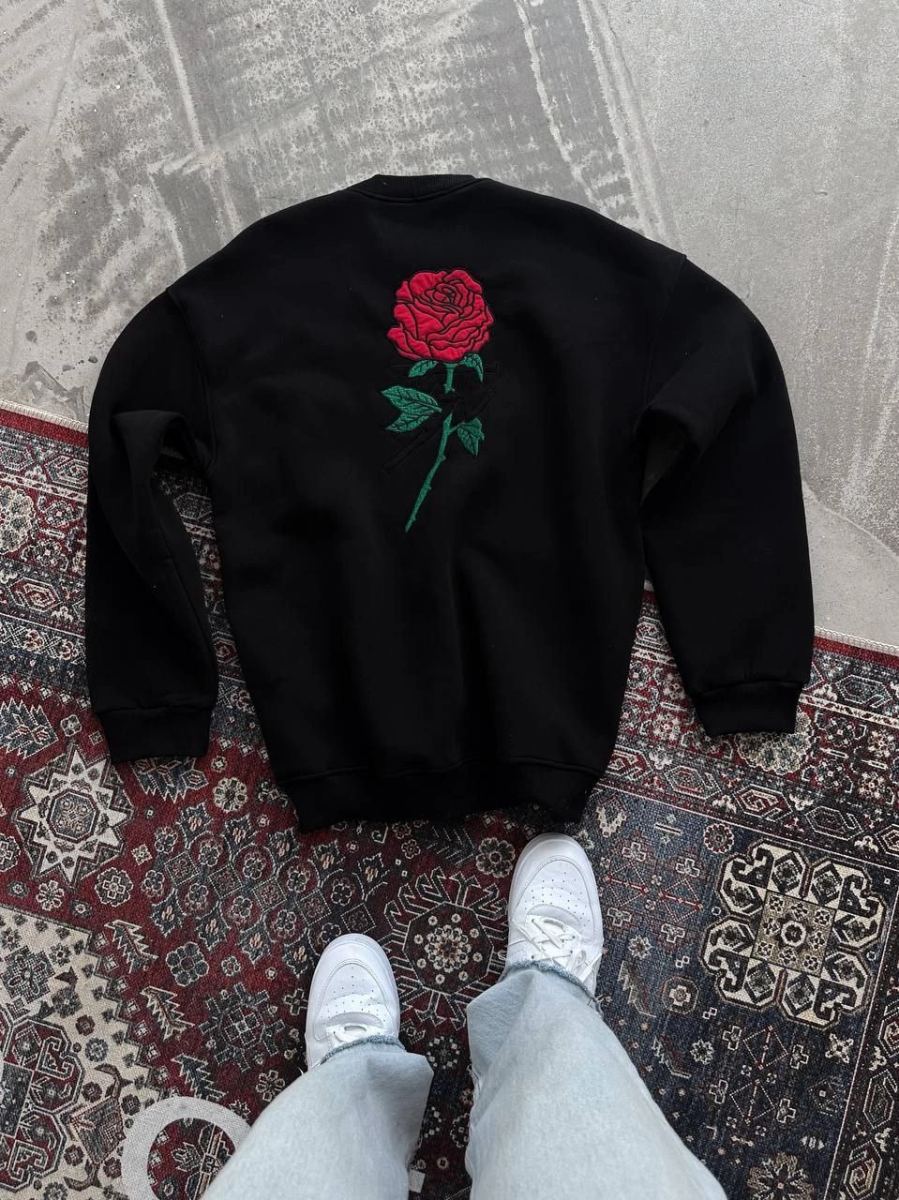 Kadın Oversize Kapüşonlu Cepli GÜL Baskılı 3 İplik Pamuklu Hoodie Sweatshirt - Siyah