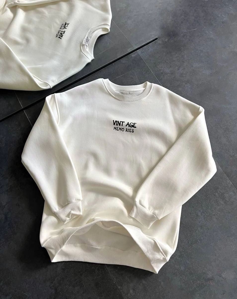 Kadın Bisiklet Yaka 3 İplik Baskılı Oversize SweatShirt - Beyaz
