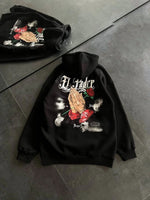Kadın Oversize Kapüşonlu Cepli Baskılı 3 İplik Pamuklu Hoodie Sweatshirt - Siyah