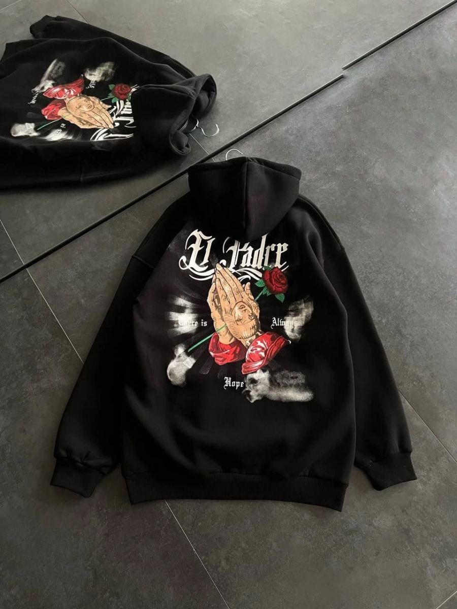 Kadın Oversize Kapüşonlu Cepli Baskılı 3 İplik Pamuklu Hoodie Sweatshirt - Siyah
